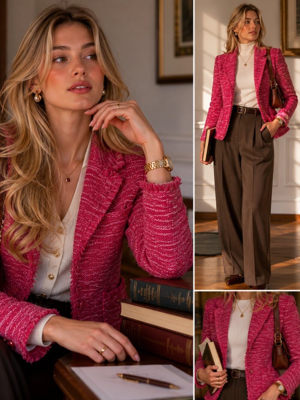ELLE Pink/Red Tweed Blazer Jacket – Academic Chic Preppy Statement Piece